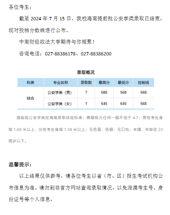 中南財經政法大學2024年本科招生錄取分數線（海南提前批公安學類）
