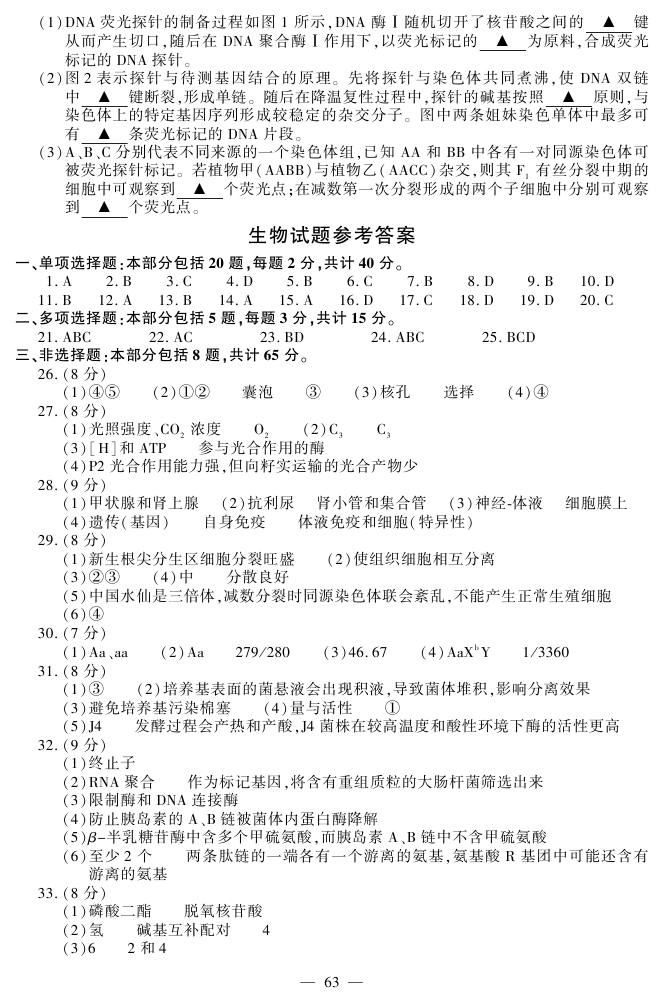 2015江蘇高考生物試題答案