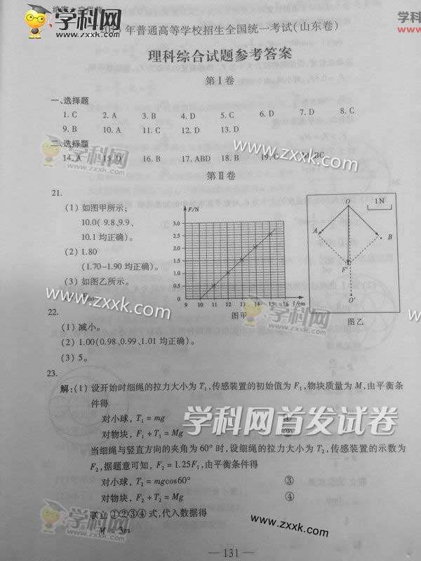 2015山東高考理綜試題答案