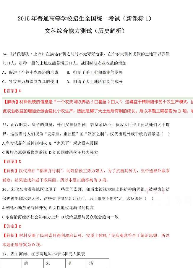 2015新課標高考文綜試題答案